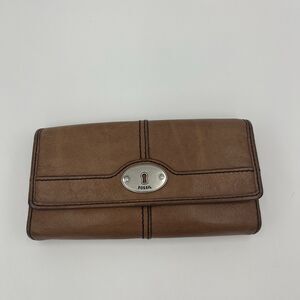 Vintage Fossil Maddox Marlow Leather Flap Wallet Chestnut Brown Logo